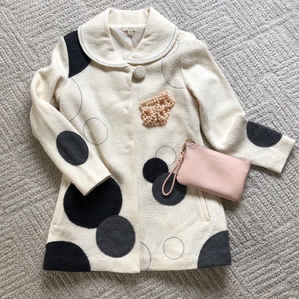 Cream Polka Dot Wool Coat with Black Circles